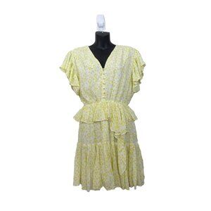 The Kooples size 1 Floral Print Ruffle Frills Short Dress Yellow V Neck S